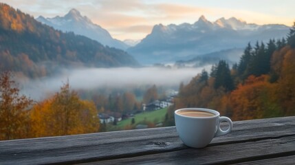 A white coffee cup is sitting on a wooden table