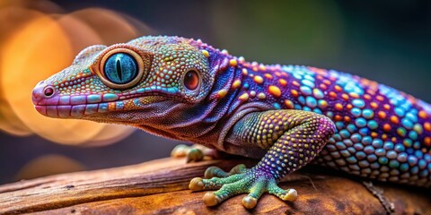 Iridescent scaly gecko lizard with intricate patterns on its back and vibrant coloration on its belly, macro photography, wildlife