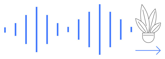 Blue soundwaves of varying lengths extend horizontally, directing towards a potted plant with an arrow pointing forward. Ideal for growth, direction, nature, progress, sound, future, productivity