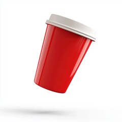 coffee cup mockup in vibrant red with a blank customizable sleeve, floating mid-air, isolated on a bright white background