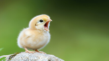 Fluffy Yellow Baby Chick Peeping on Green Background