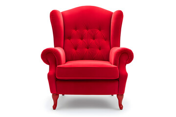 Elegant red velvet armchair with wooden legs. Santa's red velvet armchair isolated on white background