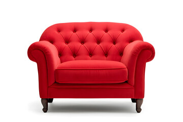 Elegant red velvet armchair with wooden legs. Santa's red velvet armchair isolated on white background