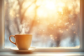 Fototapeta premium A cup of coffee is sitting on a saucer on a window sill
