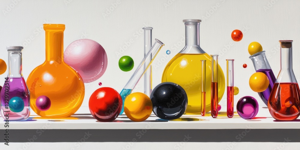 Poster laboratory setting featuring colorful test tubes on a clean workbench, focused on scientific researc