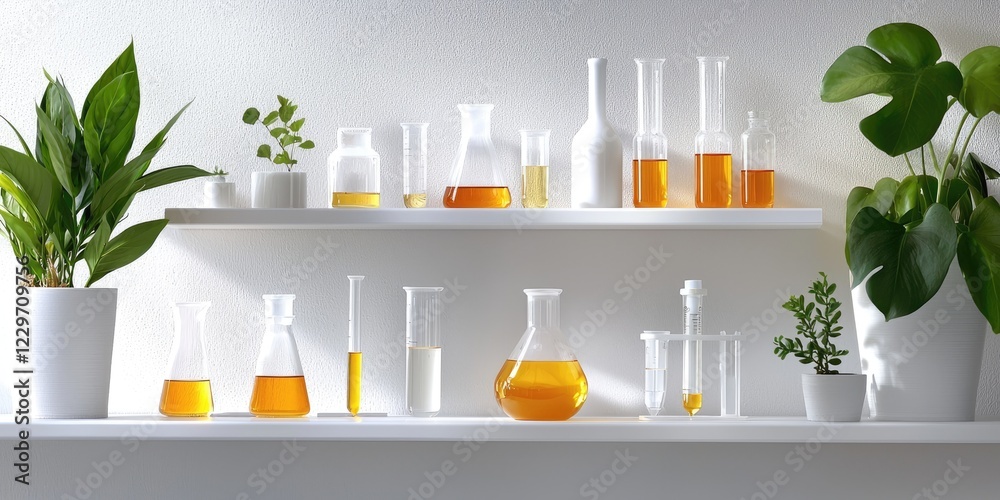 Poster an organized laboratory space showcasing various test tubes and scientific instruments, representing