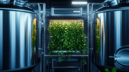 Interior of a brewery featuring a green wall and rustic decor with brewing equipment in the background