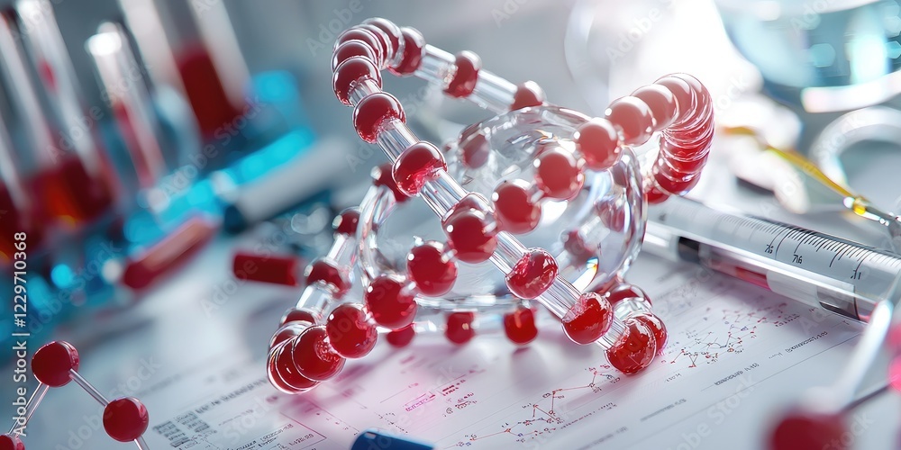 Poster Transparent DNA model surrounded by lab tools and data sheets, symbolizing the essence of DNA sequencing in genetic study