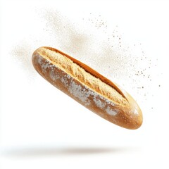 flying baguette with a light flour dust splash, isolated on a white background