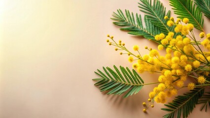 A Delicate Arrangement of Sunny Yellow Blossoms and Lush Green Foliage on a Soft Peach Background