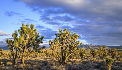 Obraz premium Joshua Trees (Yucca brevifolia) in Evening Light, Mojave Desert, Desert Landscape, Mojave National Preserve, California, USA, North America