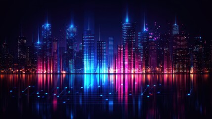 Neon Cityscape at Night: Futuristic Metropolis Reflecting in Calm Waters