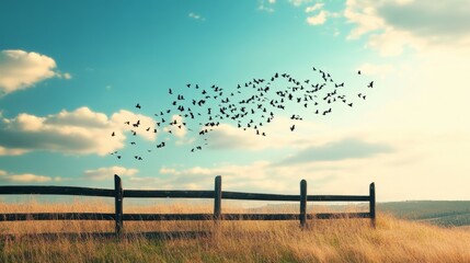 Fototapeta premium A flock of birds flying over a fence in a field. The birds are scattered in the sky, with some flying higher and others closer to the ground. Concept of freedom and movement