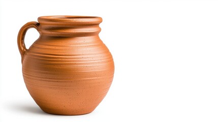 A simple clay pot with a rounded body and a handle, showcasing a natural terracotta finish.