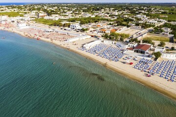 Aerial view, public beach by the sea, Spiaggiabella Beach, Torre Rinalda, Lecce, Apulia, Italy,...
