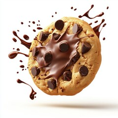 Fototapeta premium flying chocolate chip cookie with melted chocolate splashes, isolated on a white background