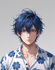 young adult male calm messy dark blue hair summer dress anime style on plain white background
