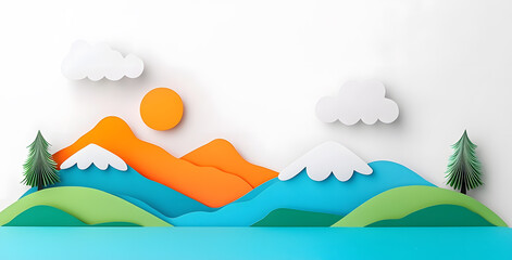 Landscape with mountains and sea waves in paper cut style