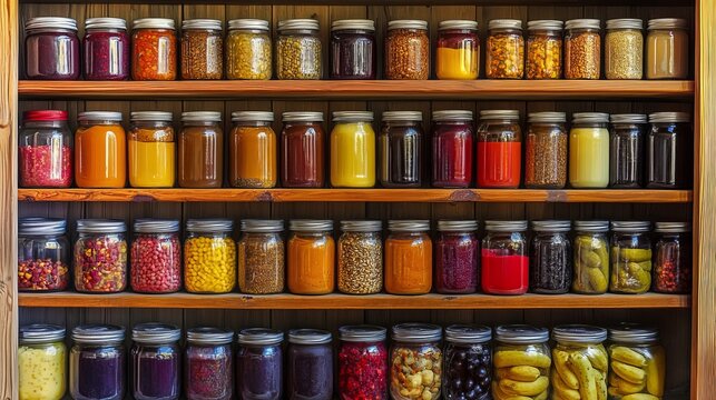 Goods in Jars Displayed on a Market Stand, Colorful Local Products for Sale, Fresh Produce and Handcrafted Items at Outdoor Farmers Market Stall.