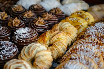 Fototapeta premium Freshly baked pastries, including chocolate cupcakes, ensaimadas, and other sweet treats, are beautifully arranged in a display case, tempting customers with their delicious aroma and appearance
