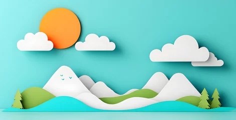 Fototapete Landscape with mountains and sea waves in paper cut style © Oksana