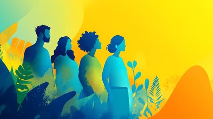 An engaging flat illustration for World Consumer Rights Day, depicting a diverse group of people raising awareness about fair trade and consumer protection