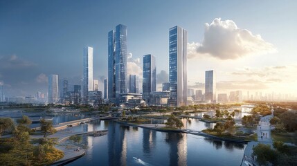 Obraz premium Modern Cityscape with Skyscrapers and Waterway