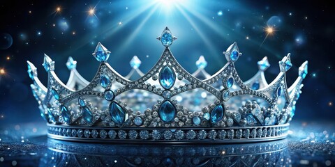Majestic crown adorned with sparkling, crystal-like diamonds against a tranquil blue backdrop, its intricate design radiating elegance and sophistication, jewel-toned, blue diamonds