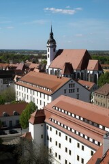 Obraz premium Protestant city church St. Marien and castle Hartenfels, Luther Trail, Torgau, Saxony, Germany, Europe