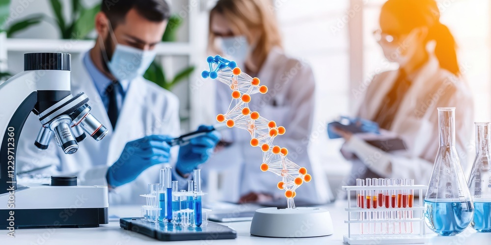 Poster detailed laboratory setting with forensic specialists analyzing dna samples, neutral background, sho