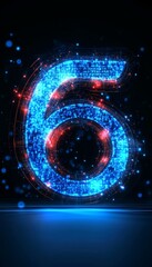 Glowing Digital 3D Number Six on Dark Background, Futuristic Technological Design Element.