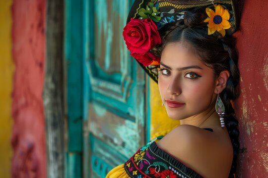 Young hispanic woman wearing traditional mexican dress posing near colorful wall