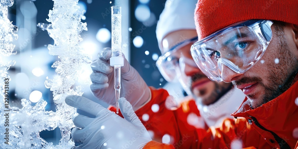 Poster laboratory scientists analyzing ice core samples, highlighting intricate layers and bubbles, neutral