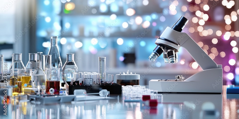 Fototapete High-tech laboratory environment displaying robotics innovation in automated systems, highlighting precision instruments and robotic interfaces, neutral background