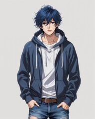 adult male shy messy dark blue hair casual hoodie and jeans anime style on plain white background