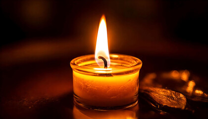 Warm, glowing candlelight illuminates a dark scene.  A single, small candle in a glass holder burns brightly, creating a serene and peaceful ambiance.