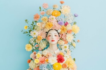 Fototapeta premium A serene portrait of an Asian model surrounded by a vibrant bouquet of flowers, showcasing pastel colors and a calm expression, representing beauty and nature