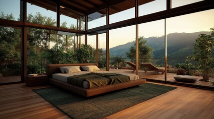 Spacious bedroom featuring a large bed and panoramic view of serene mountains in the background