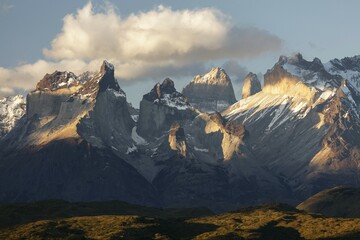 Mountains Cuernos del Paine in the evening light, National Park Torres del Paine, Region de...