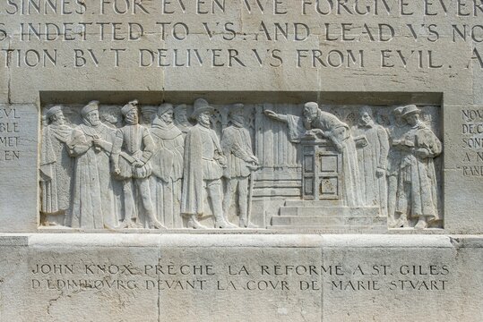 John Knox preaches in the Church of St Giles in Edinburgh in front of the court of Maria Stuarts, Relief at the International Monument of the Reformation, 1909-1917, sculptor Paul Landowski, Geneva, Switzerland.