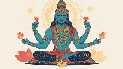 Divine Indian God Vishnu Meditating - Flat Vector Illustration for Spiritual Designs