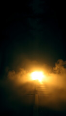 A mysterious, cinematic night scene where an intense headlight glare pierces through thick fog on an empty road, creating an eerie and dramatic atmosphere.

