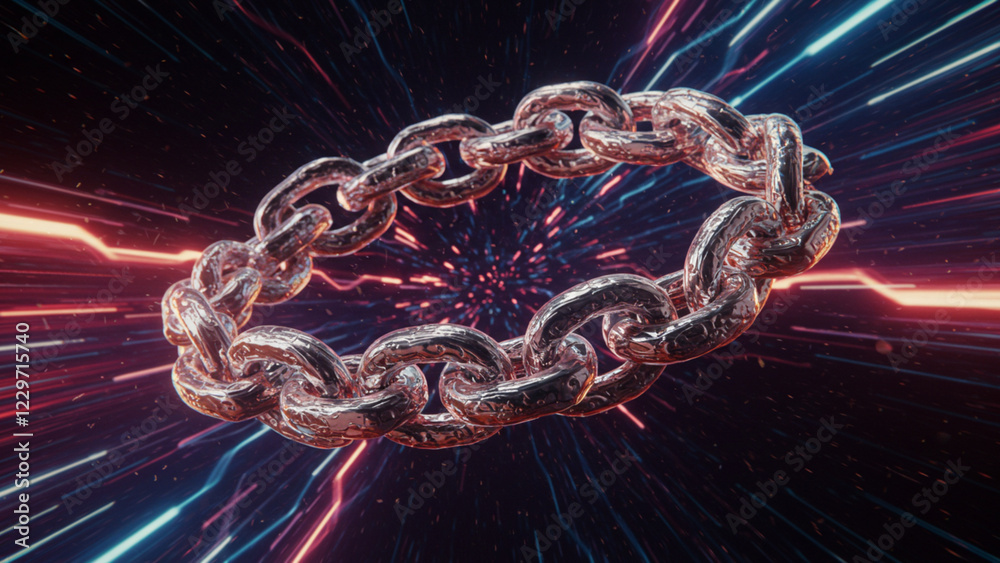 Fototapete a three-dimensional representation of a luminous blockchain chain rotates against a dynamic cyberspa