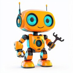 cartoon-style robot with colorful features, holding a wrench and smiling, placed on a bright white background