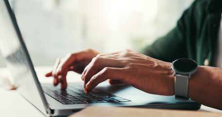 Typing, laptop and hands of business man in office for online planning, writing proposal and...