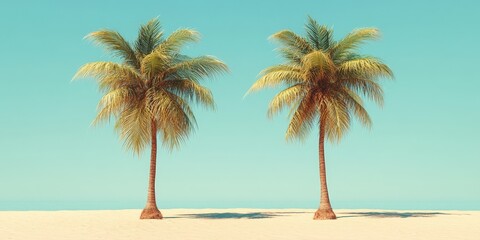 Obraz premium A scenic tropical beach with palm trees and golden hour lighting, showcasing tranquility and beauty. Ideal for travel or vacation themes.