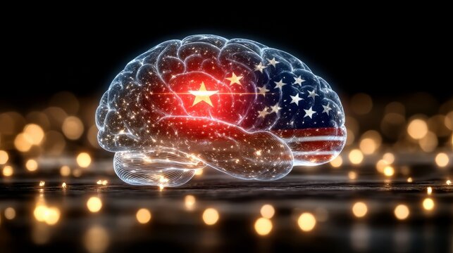 AI Brain Symbolizing USA and China Technology Rivalry with National Flags and Digital Elements, ai concept