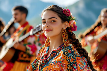 Fototapeta premium Bosnian young female in traditional colorful attire with flower accessories performing outdoors, Bosnia and Herzegovina Independence Day