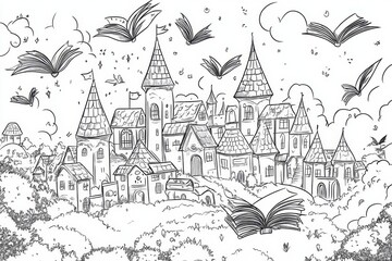 Obraz premium Enchanted Village with Flying Books