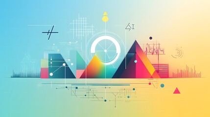 A flat illustration for World Math Day, showcasing colorful geometric shapes such as triangles, circles, and squares, integrated with mathematical symbols like pi, sigma, and integrals